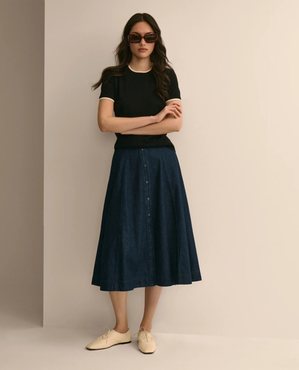 Cotton Denim Button-Front A-Line Skirt, image 1