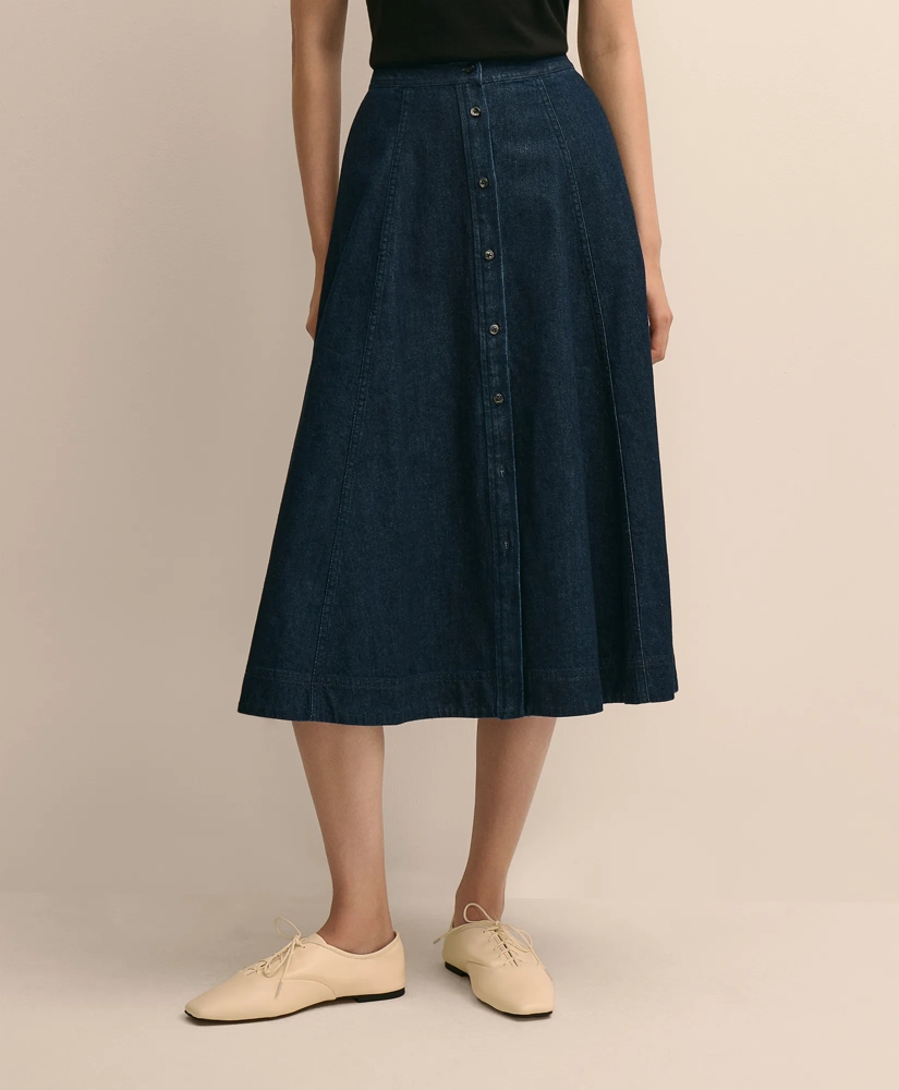 Cotton Denim Button-Front A-Line Skirt, image 2