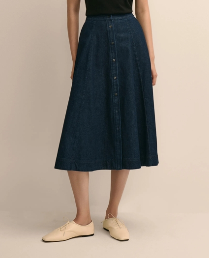 Cotton Denim Button-Front A-Line Skirt, image 2