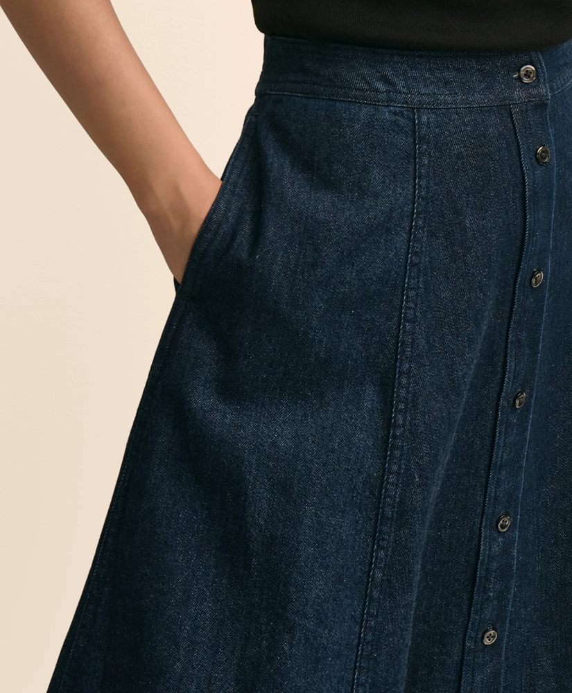 Cotton Denim Button-Front A-Line Skirt, image 3