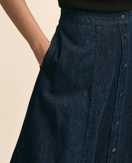 Cotton Denim Button-Front A-Line Skirt, image 3