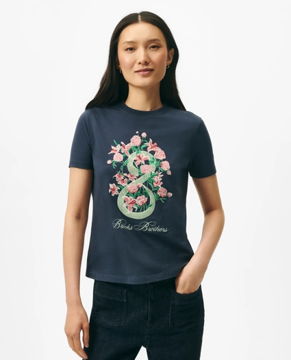Women's Lunar New Year Cotton Embroidered Bouquet Snake Motif T-Shirt, image 1