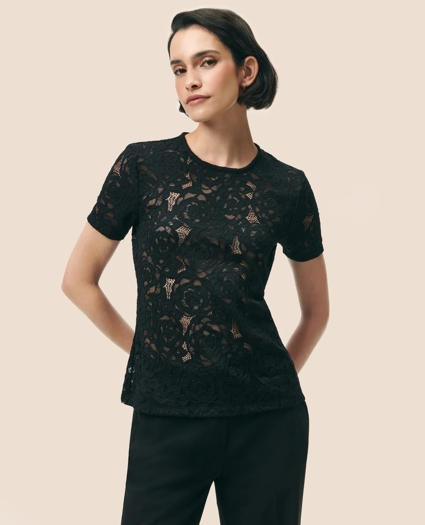 Semi-Sheer Short-Sleeve Top in Floral Lace, image 1