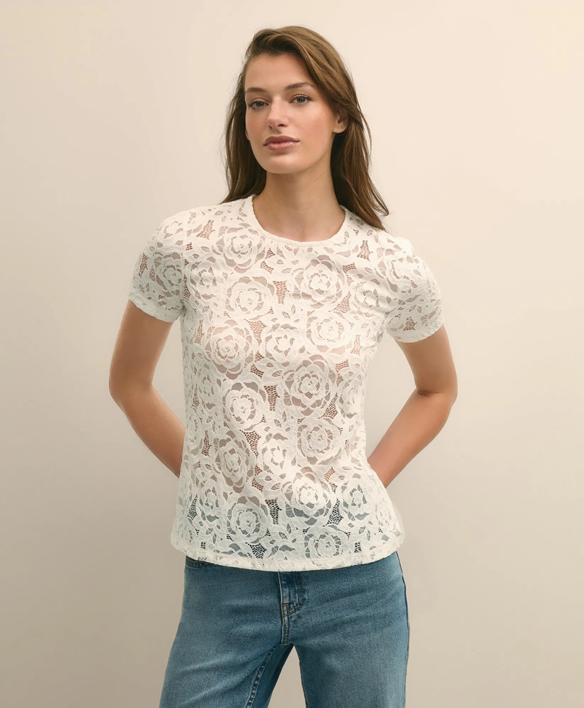 Semi-Sheer Short-Sleeve Top Floral Lace