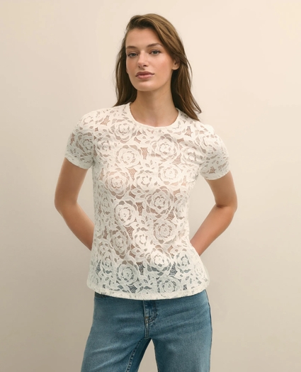 Semi-Sheer Short-Sleeve Top in Floral Lace, image 1
