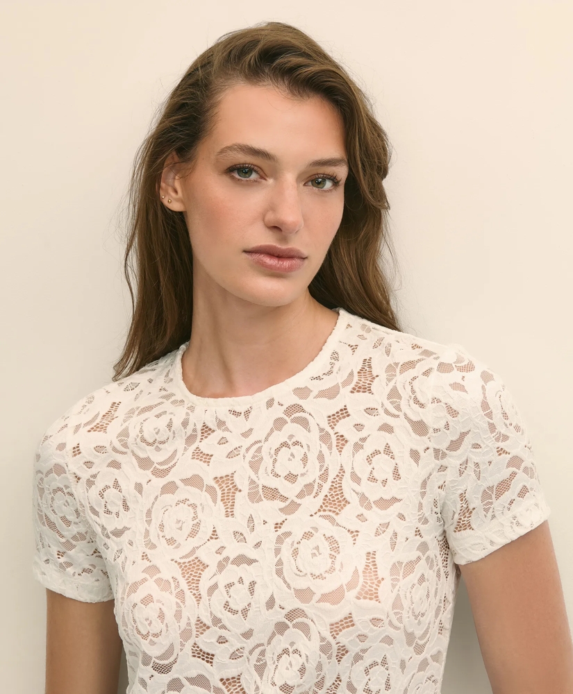 Semi-Sheer Short-Sleeve Top in Floral Lace, image 3