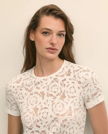 Semi-Sheer Short-Sleeve Top in Floral Lace, image 3