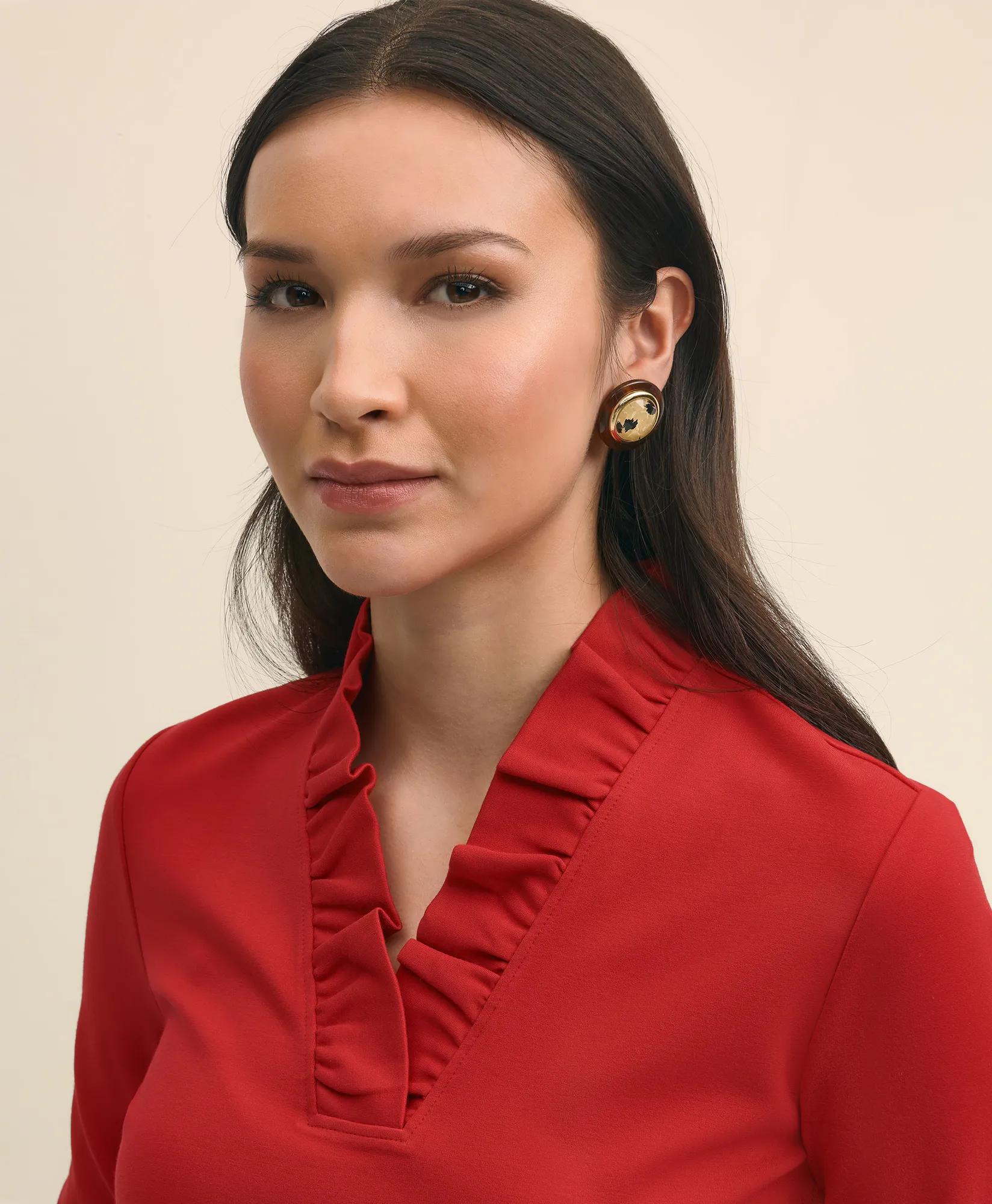 Ruffle V-Neck Long-Sleeve Top - Red