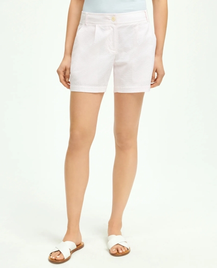 Stretch Cotton Pleated Seersucker Shorts, image 1