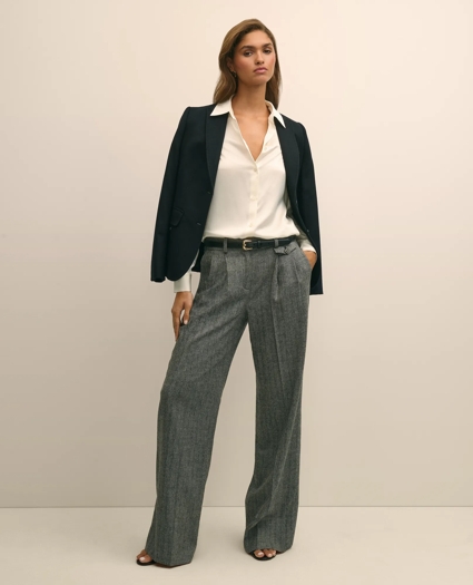Wool Blend Pleated Herringbone Wide-Leg Pant, image 1