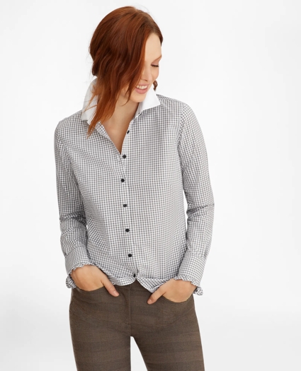 Non-Iron Gingham Supima® Cotton Dobby Contrast-Collar Fitted Shirt, image 3