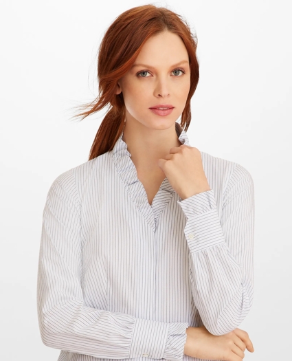 Non-Iron Striped Supima® Cotton Ruffle-Collar Blouse, image 1