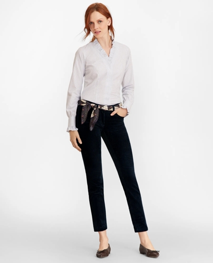 Non-Iron Striped Supima® Cotton Ruffle-Collar Blouse, image 2