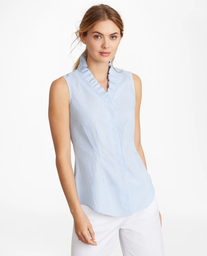 Non-Iron Striped Supima&reg; Cotton Ruffle-Collar Sleeveless Blouse, image 3