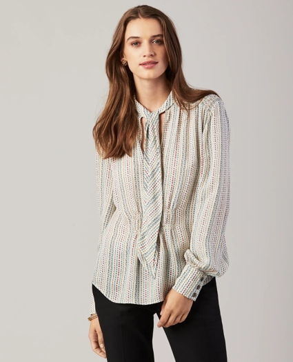 Floral-Print Silk Georgette Bow-Neck Blouse, image 1