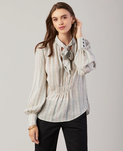 Floral-Print Silk Georgette Bow-Neck Blouse, image 2