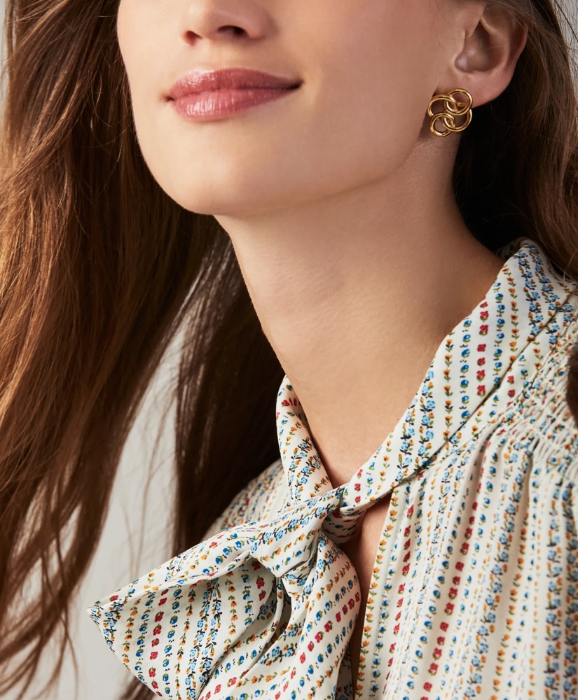 Floral-Print Silk Georgette Bow-Neck Blouse, image 3