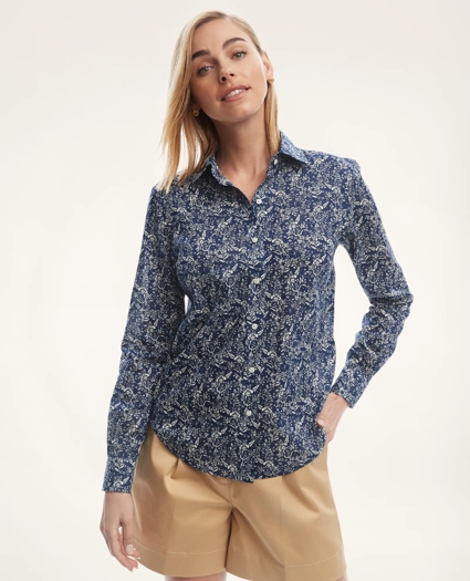Classic-Fit Indigo Cotton Linen Floral Shirt, image 1