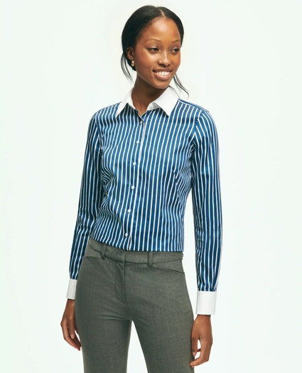 Fitted Stretch Cotton Sateen Dress Shirt with Contrast Collar & Cuffs, image 1