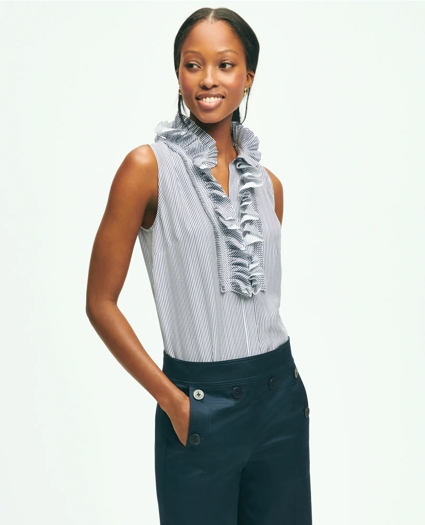 Silk Ruffle Collar Sleeveless Striped Blouse, image 1
