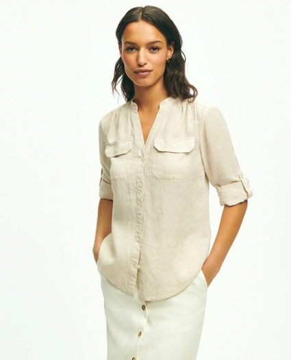 Classic V-Neck Utility Shirt In Linen, image 1