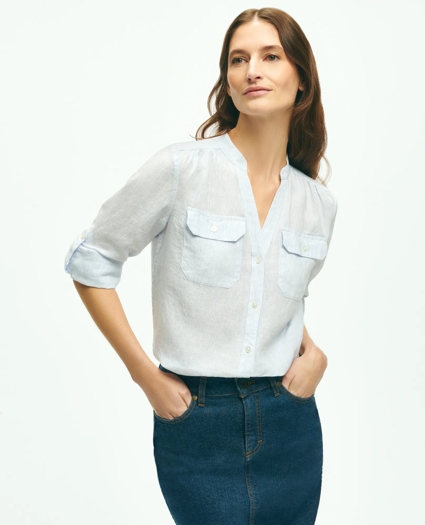 Classic V-Neck Utility Shirt In Linen, image 1