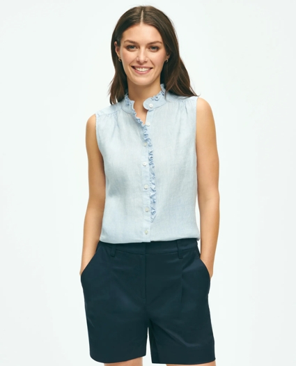 Sleeveless Ruffle Detail Shirt In Linen, image 1