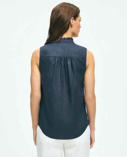 Sleeveless Ruffle Detail Shirt In Linen, image 3