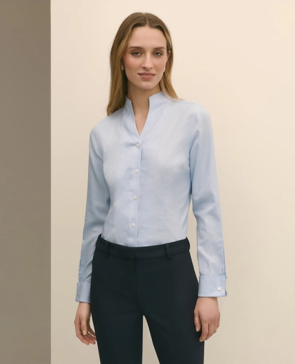 Fitted Funnel Neck Shirt in Non-Iron Royal Oxford Cotton, image 1