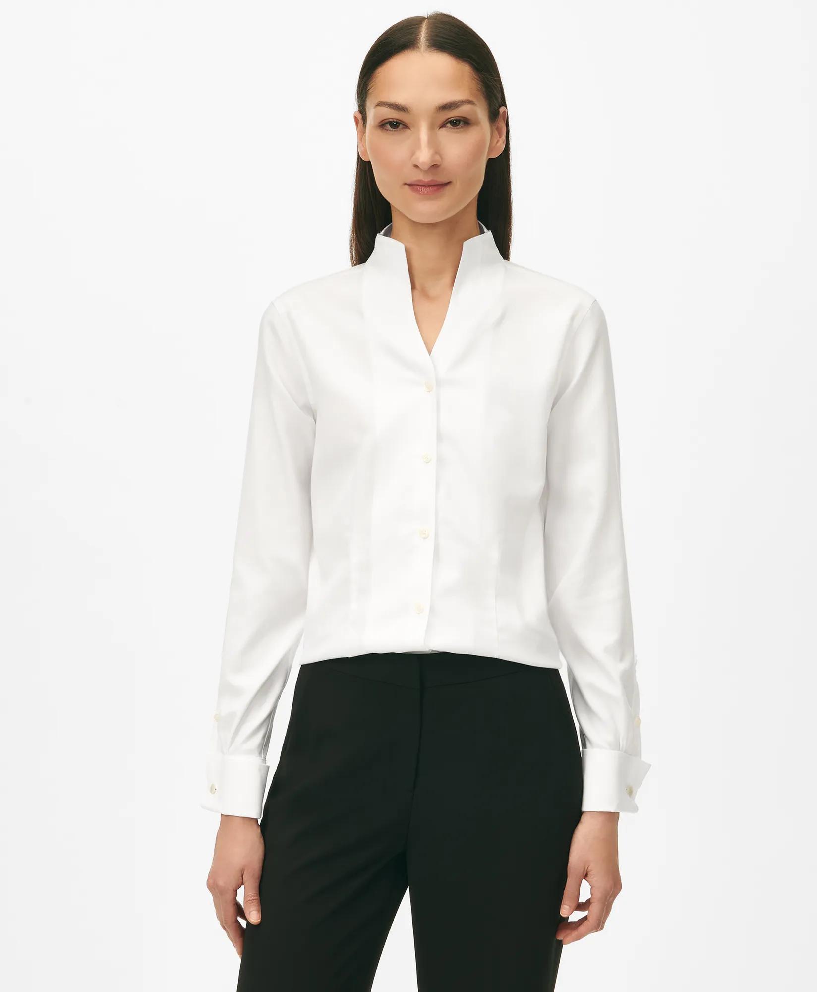 Fitted Funnel Neck Shirt in Non-Iron Royal Oxford Cotton