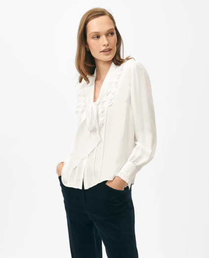 Ruffle Placket Tie-Neck Blouse in Georgette Silk, image 2
