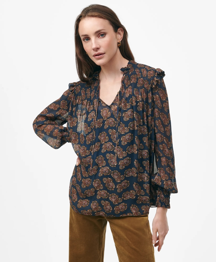 Ruffle Detail Tie-Neck Blouse in Paisley Chiffon with Removable Camisole, image 3