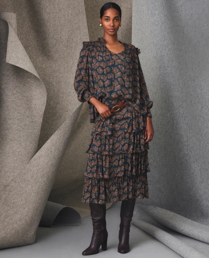 Ruffle Detail Tie-Neck Blouse in Paisley Chiffon with Removable Camisole, image 2