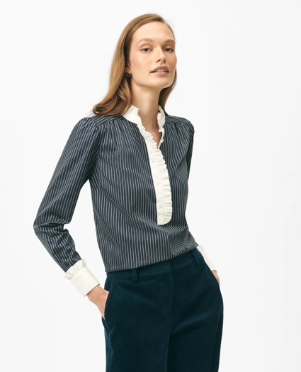Contrast Ruffle Detail Shirt in Dobby Stripe Cotton, image 1