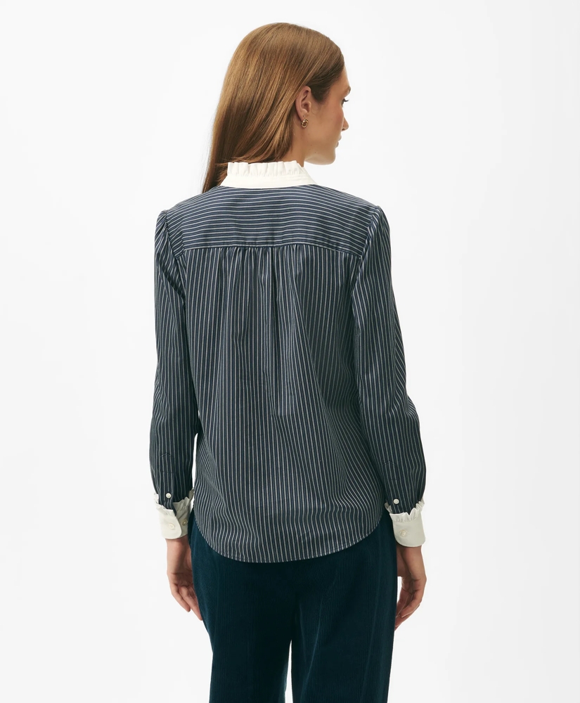 Contrast Ruffle Detail Shirt in Dobby Stripe Cotton, image 3