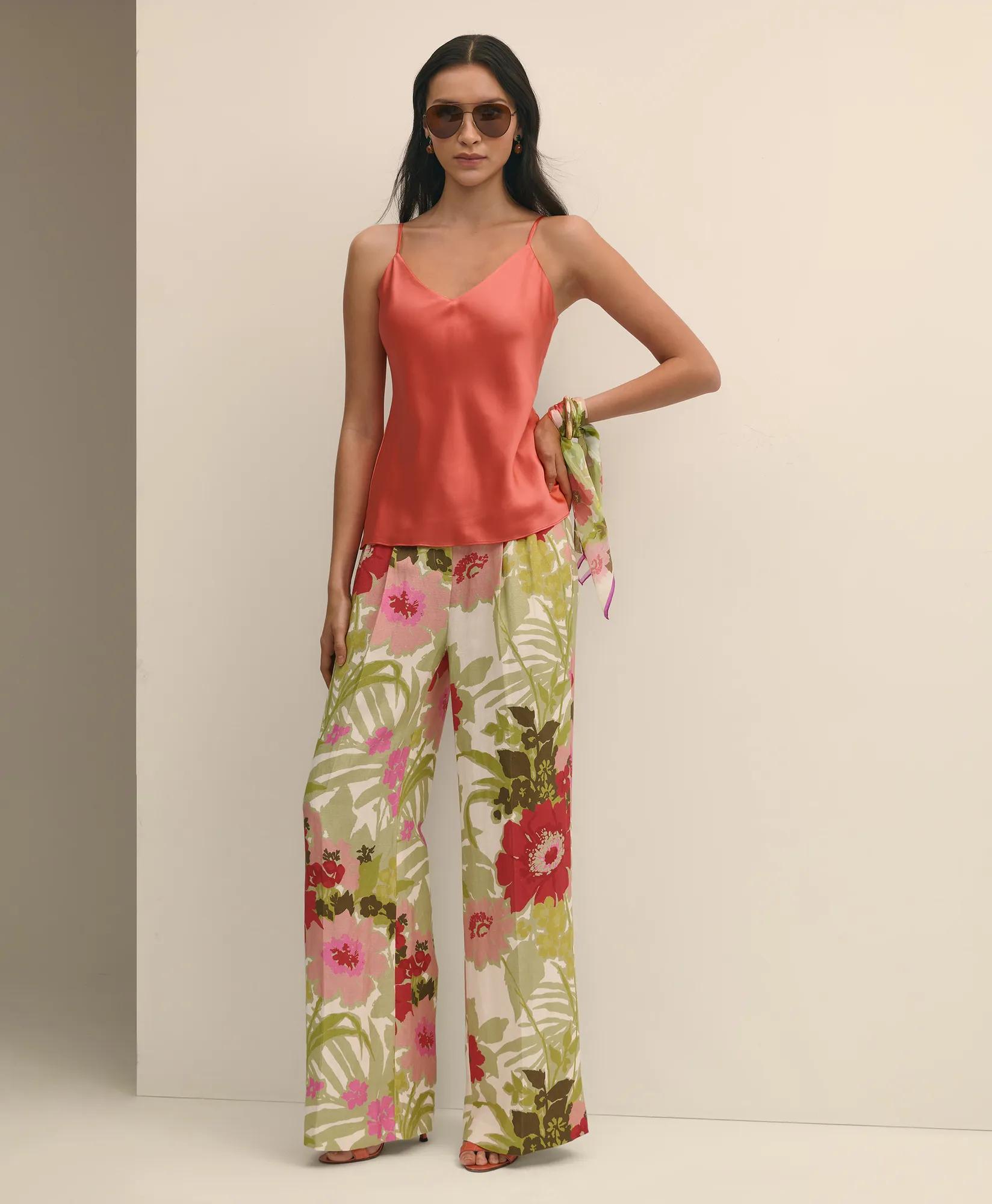 V-Neck Camisole in Washable Silk Charmeuse - Coral