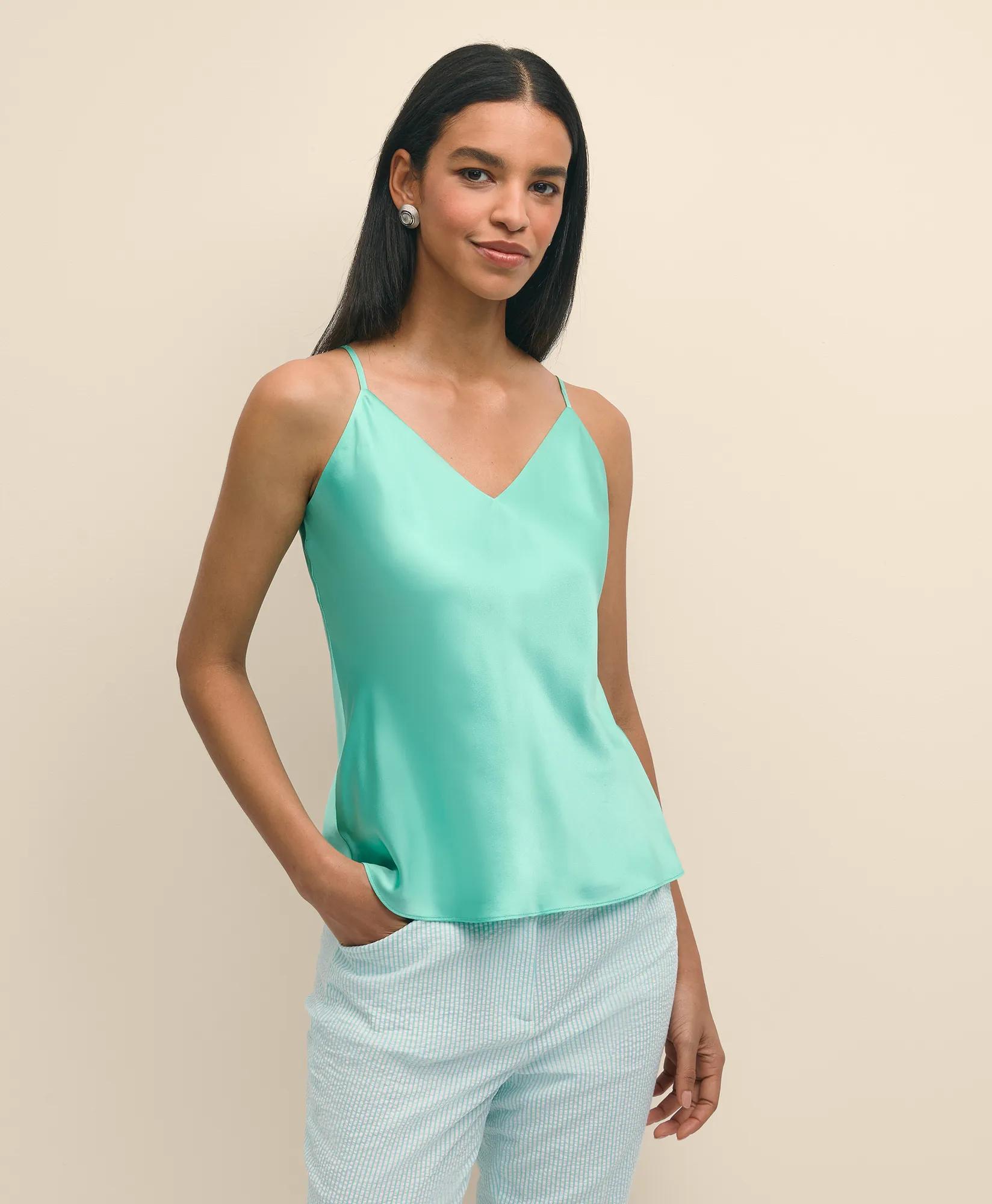 V-Neck Camisole in Washable Silk Charmeuse - Turquoise