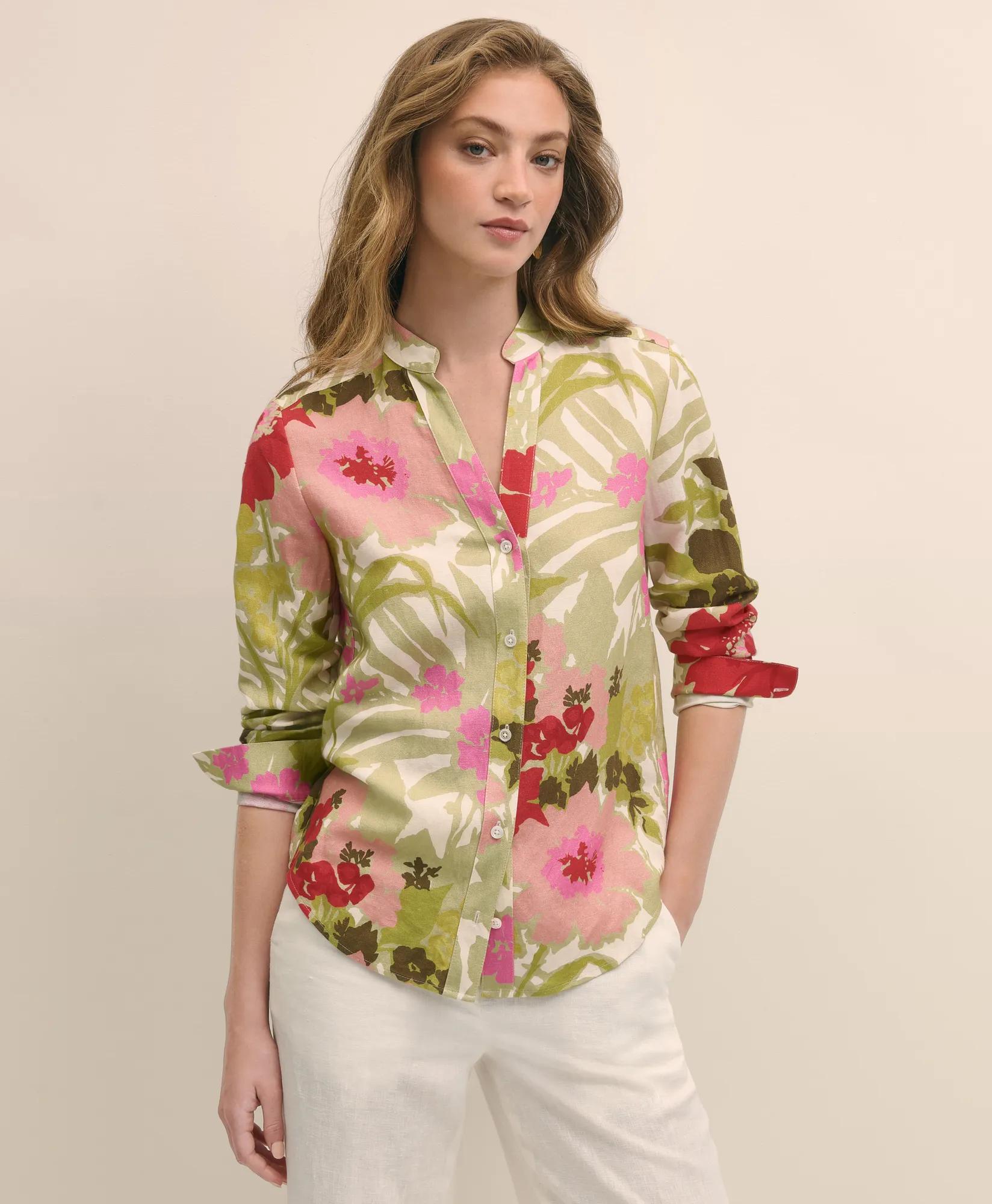 Linen Blend Floral Drapey Shirt