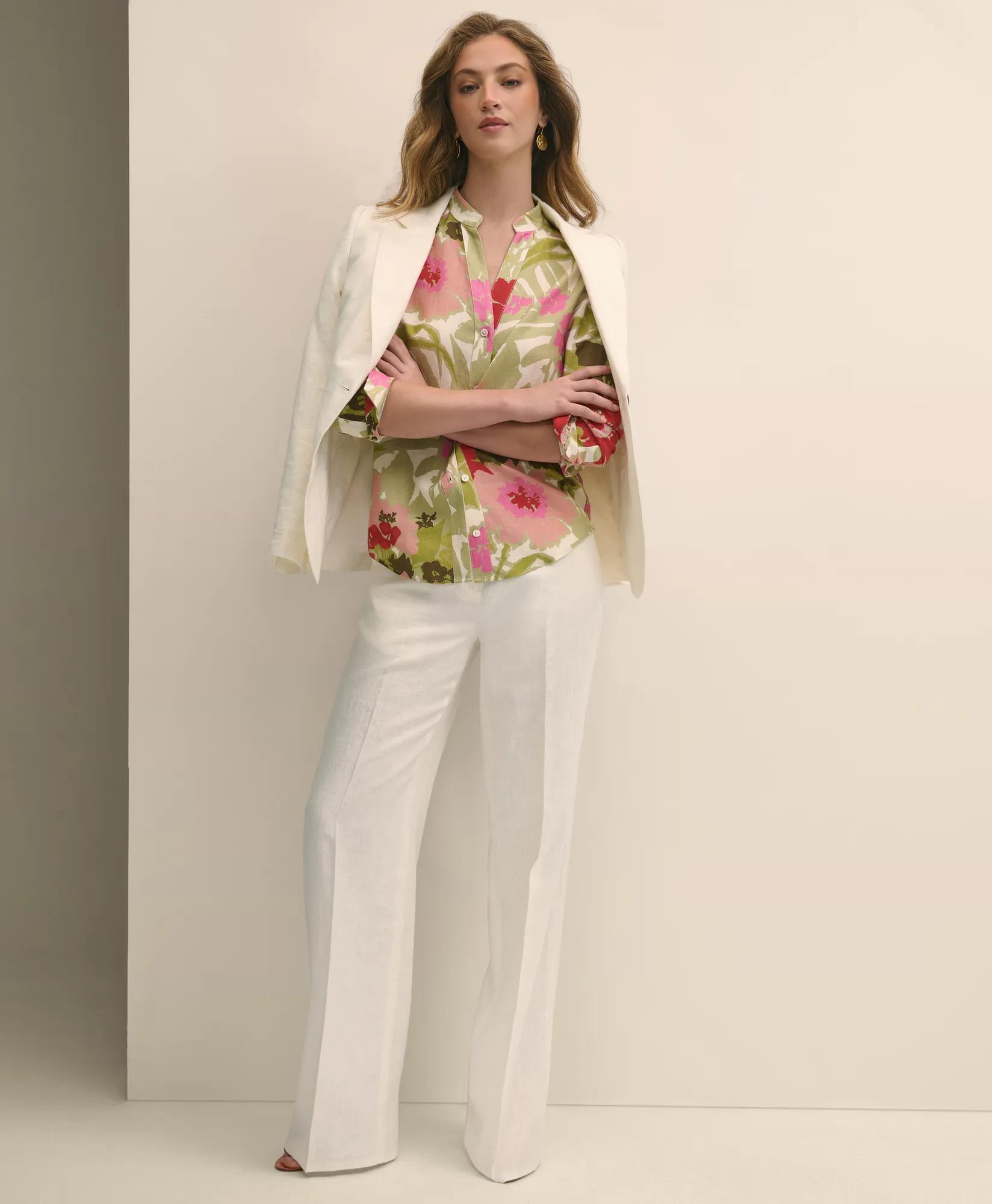 Linen Blend Floral Drapey Shirt