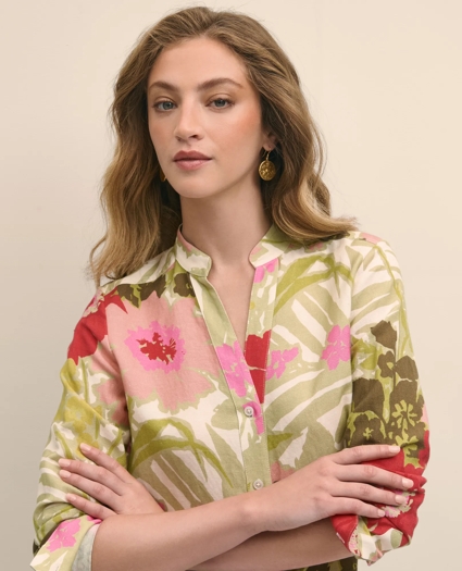 Linen Blend Floral Drapey Shirt, image 3