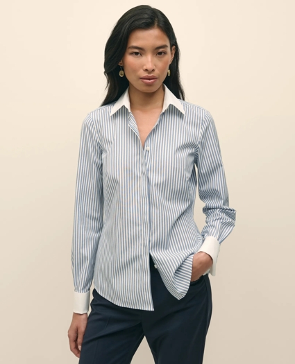 Fitted Non-Iron Supima® Cotton-Blend Striped Contrast Shirt with French Cuffs, image 1