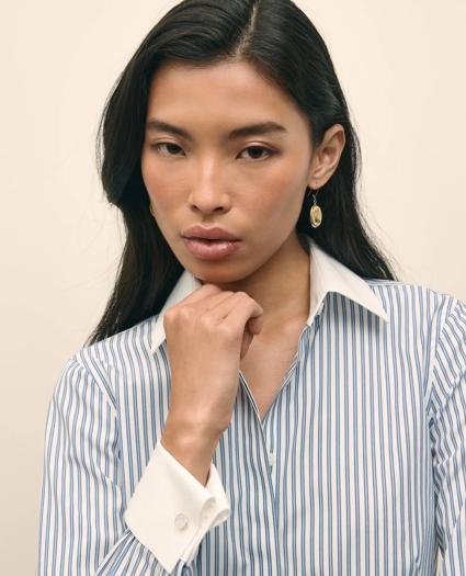 Fitted Non-Iron Supima® Cotton-Blend Striped Contrast Shirt with French Cuffs, image 2