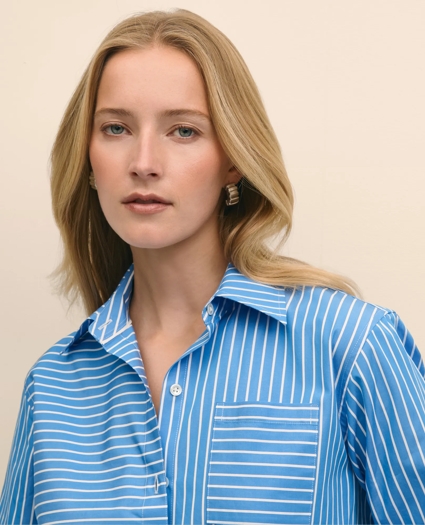Relaxed Supima® Cotton Contrast-Stripe Shirt, image 2