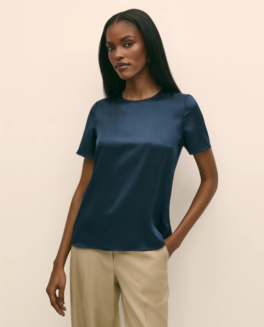 Brooks Brothers Short-sleeve Top In Washable Silk Charmeuse In Blue