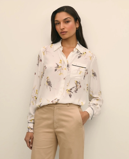 Crepe Tipped Soft Blouse in Bird Print, image 1