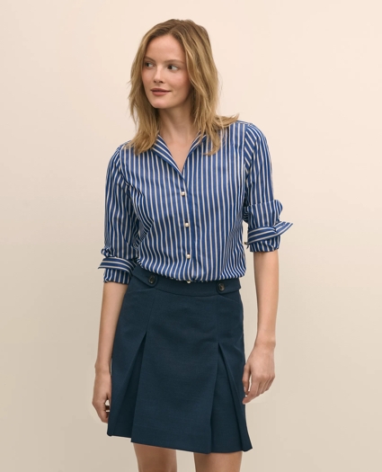 Fitted Supima® Cotton Striped Dress Shirt with Faux Pearl Button Detail, image 1