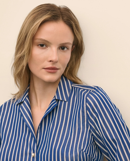 Fitted Supima® Cotton Striped Dress Shirt with Faux Pearl Button Detail, image 3
