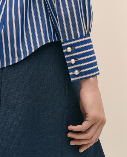 Fitted Supima® Cotton Striped Dress Shirt with Faux Pearl Button Detail, image 4