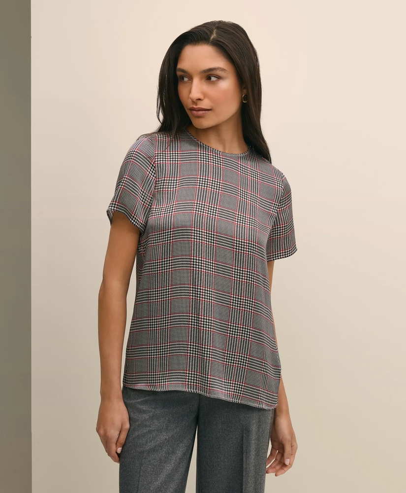 Washable Silk Charmeuse Plaid Short-Sleeve Top