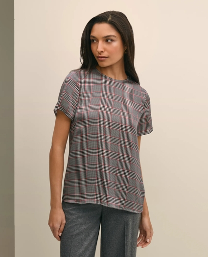Washable Silk Charmeuse Plaid Short-Sleeve Top, image 1